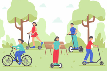 Fototapeta premium Mobile eco transport, people riding electric bike or bicycle in park. Man and woman moving by eco-friendly vehicles vector illustration. Healthy sport activities