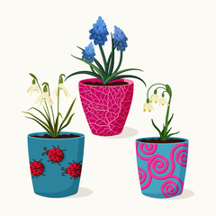  Set  of flower pots with muscari flowersthe snowdrop flowers. Vector  isolated elements. Spring vector illustration for background, textile, poster, scrapbooking, set of stickers, greeting cards.