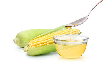  corn oil and sweet corn on white background.