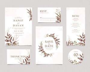 Elegant template wedding invitation set with watercolor leaves decoration
