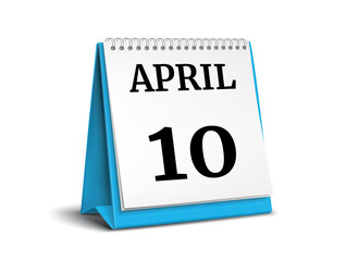 Calendar on white background. 10 April. 3D illustration.