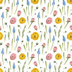 Spring flowers watercolor pattern