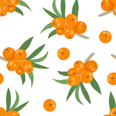 Sea buckthorn seamless pattern. Fresh healthy berry background. Vector cartoon flat illustration.