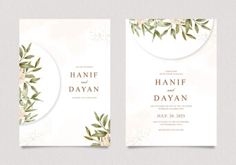 Wedding invitation card set with watercolor green leaves