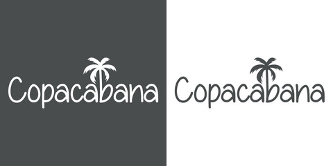 Copacabana Beach. Destino de vacaciones. Banner con texto Copacabana con letra con forma de silueta de palmera en fondo gris y fondo blanco