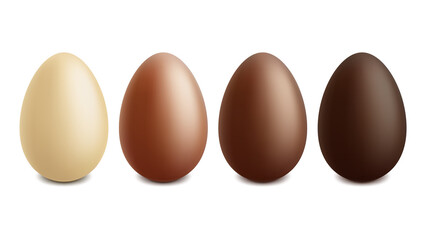 Realistic easter chocolate egg, white, milk and dark chocolate eggs. Easter eggs different chocolate colors vector illustration set. Easter holiday sweet choco treats