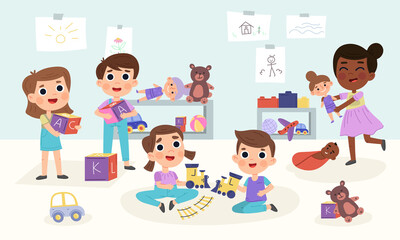 Cartoon kindergarten kids play together. Children in playroom play toys vector illustration. Kids kindergarten activities