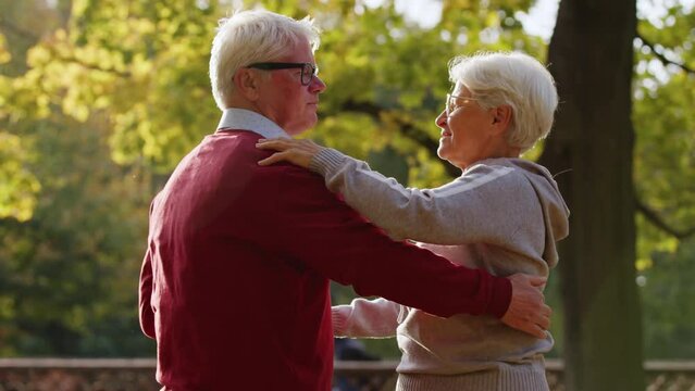 Senior Caucasian couple dancing in the park happy retirement concept casual attire . High quality 4k footage