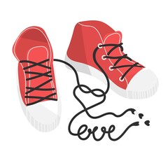 Red Sneakers and laces make word love. All lovers day. Card for valentine's day. Vector Illustration. Print, poster, textile, paper design. Isolated.
