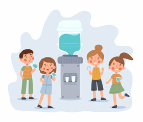 Kindergarten children drinking water, kids near school water cooler. Thirsty girls and boys vector illustration. Kids holding water glasses