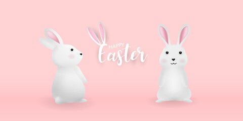 Easter greeting card with cute 3d bunny decorations. vector illustration