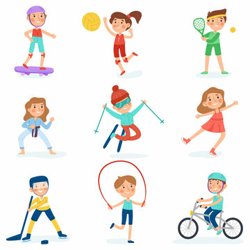 Sport kids, cartoon baby athletes, kindergarten sport activities. Children basketball, football and gymnastics exercises vector illustration set. Sporty and healthy childhood