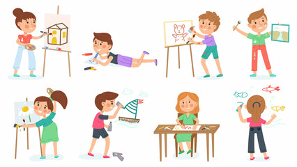 Kids painters, cartoon girls and boys artists, creative baby characters. Kindergarten students draw with paints vector illustration set. Creative kids hobbies