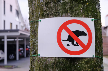 Kein Hundekot: Verbotsschild Hundeklo an einem Baum mit dem Piktogramm eines kotenden Hundes in einer Siedlung, viel Copy Space
