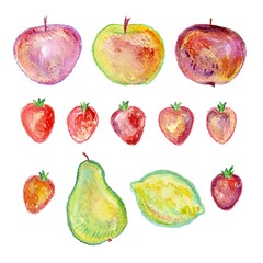 A set of hand drawn fruits and berries. Apples, strawberries, lemons, pears drawn with watercolors and wax crayons. Unusual stylized images of berries and fruits.