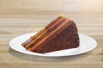 Tasty cake chocolate slice on a plate