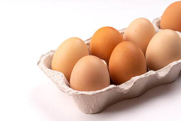 Organic chicken eggs on the table. Eggs are good for everyone and health. Farm products, natural eggs.