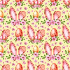 Watercolor pattern with Easter eggs with ears and flowers