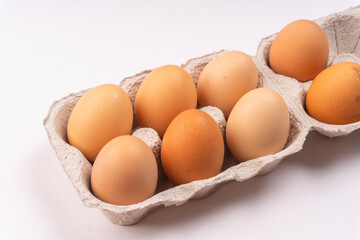 Organic chicken eggs on the table. Eggs are good for everyone and health. Farm products, natural eggs.