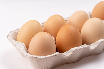 Organic chicken eggs on the table. Eggs are good for everyone and health. Farm products, natural eggs.