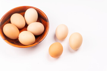 Organic chicken eggs on the table. Eggs are good for everyone and health. Farm products, natural eggs.