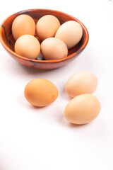 Organic chicken eggs on the table. Eggs are good for everyone and health. Farm products, natural eggs.