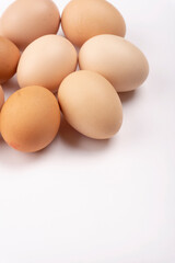 Organic chicken eggs on the table. Eggs are good for everyone and health. Farm products, natural eggs.