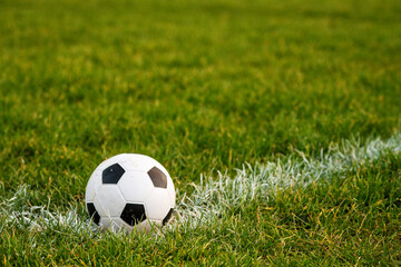 Fototapeta premium Classic foot ball on a green grass pitch. Outdoor training concept. Nobody. Sport theme background