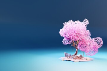 Beautiful spring fantasy tree on blue background cherry blossom sakura nature scene 3d render pink leaves © ARThitecture