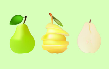 Ripe juicy pears. Fruit 3d icon. Whole and sliced yellow pear. Ingredient, vegan, sweet, yellow.