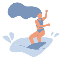 Girl surfer character in swimsuit riding on ocean wave. Summer water sport with surfboard, surfing club or school, active hobby