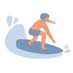 surfer character in wetsuit riding on ocean wave. Summer water sport with surfboard, surfing club or school, active hobby
