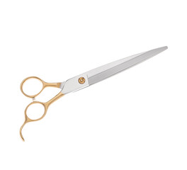 Scissors for cutting people and pets. Grooming scissors. Closed scissors on a white isolated background. Side view.