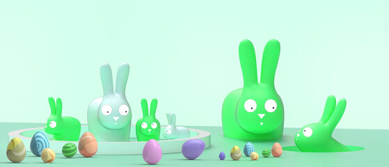 Happy easter day background for template design and Easter eggs with bunny Concept on the green. banner, Promotion, website, Copy Space, poster, Card -3d Rendering