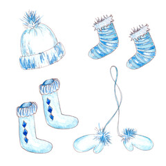 Hand drawn watercolor winter knitted clothing. Blue woolen mittens. Gloves, cap, socks