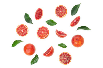 Red orange with leaves isolated on white background