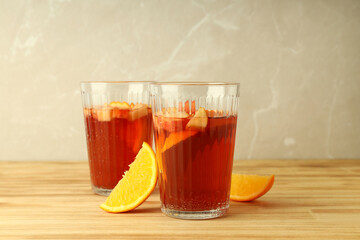 Concept of drink with Sangria on wooden table