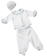 Ropa de bebe pantalón, camisa y gorro sobre fondo blanco. Baby clothes pants, shirt and hat on...