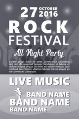 Black and white Cartoon Rock festival design template with crowd on back and place for text.