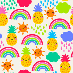 Obraz premium Cute colorful hand drawn pineapple , rainbow, sun, cloud and rain seamless pattern for summer holidays background.