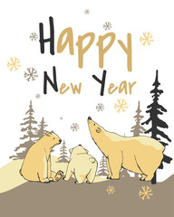 polar bears, happy new year, postcard family, mom, dad, child, animals, forest, snow, hand drawing, contour, brown color, text happy new year, polar bears