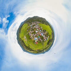 Aerial View Above Village Rural Rice Fields (Tiny Planet Spherical)