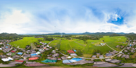 360 Degrees Aerial View Rural Village Rice Fields Landscape (full VR 360 degrees panorama seamless)