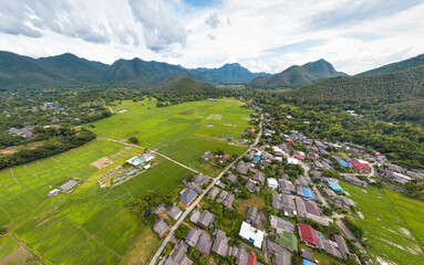 Aerial View Above Village Rural Rice Fields Landscape