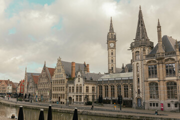 Fototapeta premium The historic city center in Ghent (Gent), Belgium. Architecture and landmark of Ghent. Cityscape of Ghent.