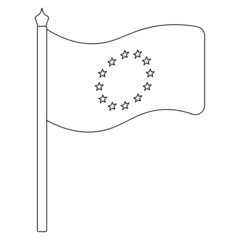 Flag of the European Union. Sketch. Vector illustration. Coloring book for children. The fabric canvas is decorated with twelve stars in a circle. The national symbol develops in the wind. 