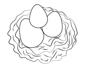 Eggs in the nest. Sketch. Bird's nest made of dry grass. Vector illustration. Hatching of chicks. Bird house. Doodle style. Outline on isolated background. Idea for web design. Bright Easter.