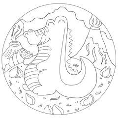 Printable Anti stress with cute dragons coloring book. Hand draw children Coloring Page.
Cartoon dinosaur black and white illustration