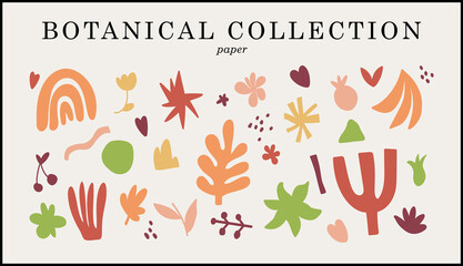 Collection of minimalistic aesthetic doodles and abstract bright elements on isolated background. Large collection of elements, unusual shapes in matisse art style hand-drawn