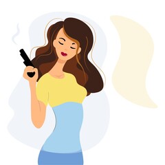 Ukrainian girl with a gun in her hands. Vector illustration with a vengeful woman dressed in the yellow and blue colors of the national flag. Stop the war in Ukraine. Flat isolated style.